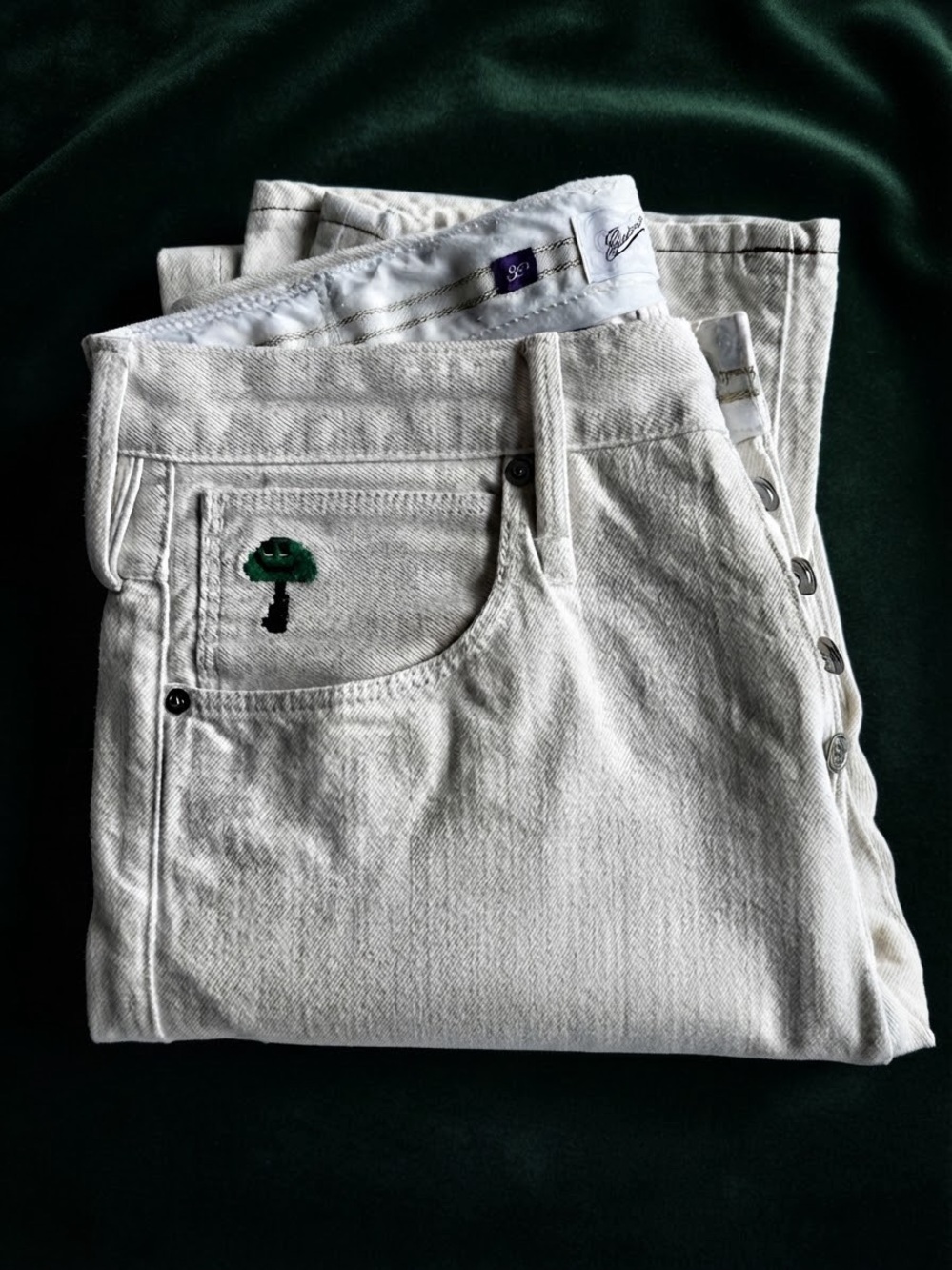 VTG Glamb Japan Tokyo Embroidered Tree Cream Twill Denim Jeans 32 / Like New